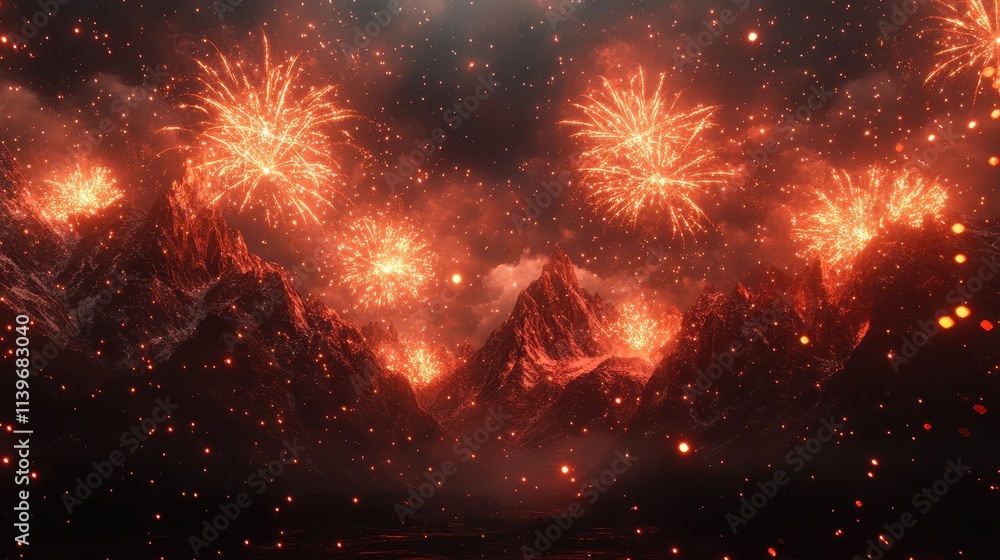 Red and gold fireworks illuminating a snowy mountain range with an empty top half Red and gold fireworks illuminating a snowy mountain range with an empty top half