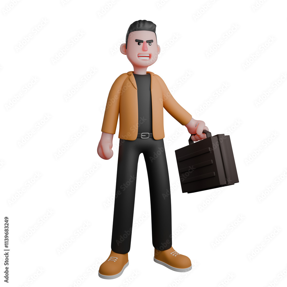 Professional Film Director Cartoon Creative 3D Character. A male director stands carrying a briefcase in his left hand, and his right hand is clenched. Illustration Design Professional Film Director Cartoon Creative 3D Character. A male director stands carrying a briefcase in his left hand, and his right hand is clenched. Illustration Design