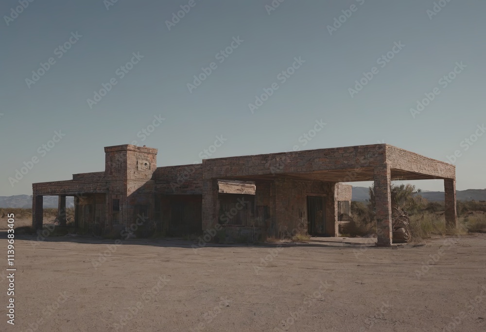 old gas station landscape, realistic illustration