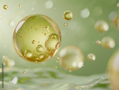 Golden oil bubble with photorealistic details and a glossy finish on background soft gradient of light green tones photo