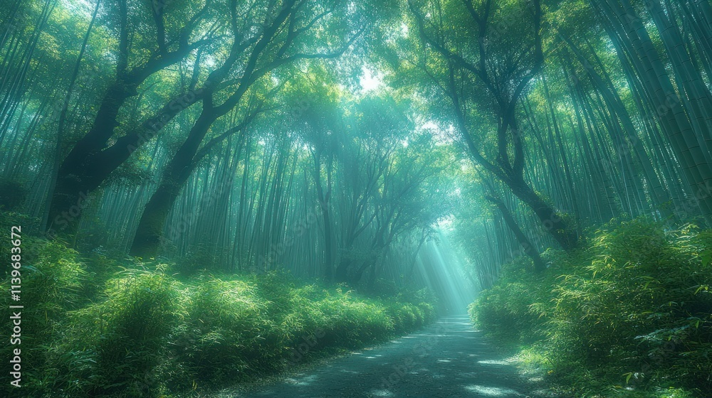 Fototapeta premium A serene forest path illuminated by soft light, surrounded by lush greenery.