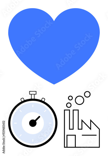 Blue heart clock factory symbols explore love, efficiency, and industrial themes. Ideal for workplace well-being, relationship, productivity, industrialization, time management, human connection