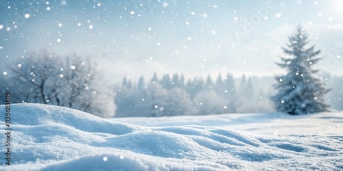 Beautiful background on a Christmas theme with snowdrifts, snowfall and a blurred background