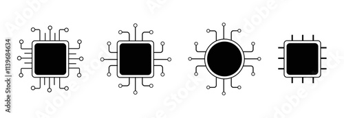 Processor line icon, microchip cpu technology board, Central processing unit. Design element flat, simple silhouette.