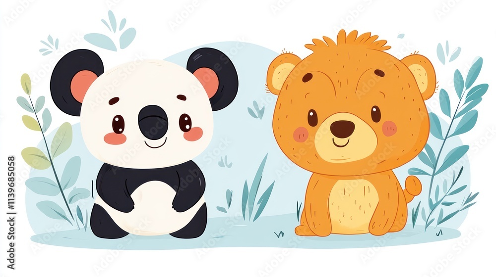 Cute cartoon panda and lion sitting together in a playful, colorful environment. Cute cartoon panda and lion sitting together in a playful, colorful environment.