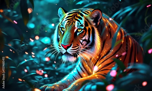 Wallpaper Mural Abstract depiction of a radiant blue tiger in a dim jungle at night Torontodigital.ca