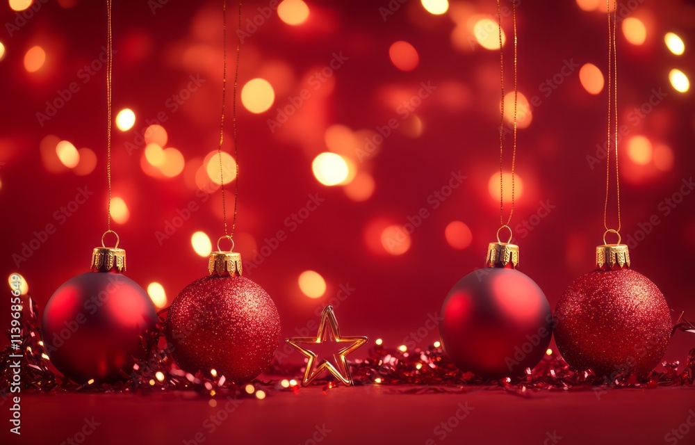 Red Christmas ornaments hang against a bokeh background Red Christmas ornaments hang against a bokeh background