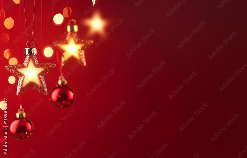 Sparkling Stars and Red Ornaments Hang Against Red Background Sparkling Stars and Red Ornaments Hang Against Red Background