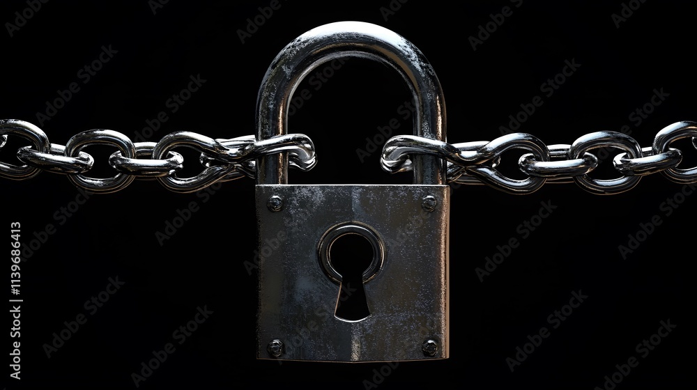 Closeup of a padlock and chain, isolated on a black background. Closeup of a padlock and chain, isolated on a black background.