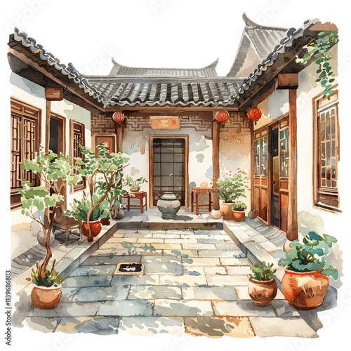 chinese courtyard vector illustration in watercolor style