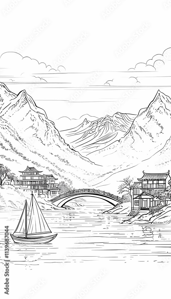Sailing boat near a village located on the river bank with foothills and a bridge in the background, traditional rural painting in Chinese style, black and white