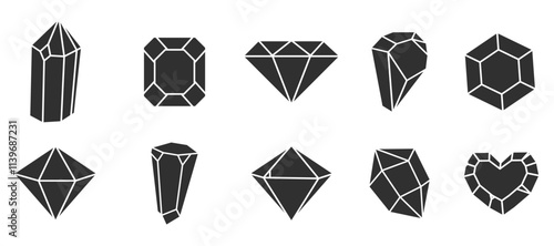 Crystal gemstone polygon stone, contour gem, polyhedron minimal. Elegant outline geometric quartz, jewel. Mineral linear icon.