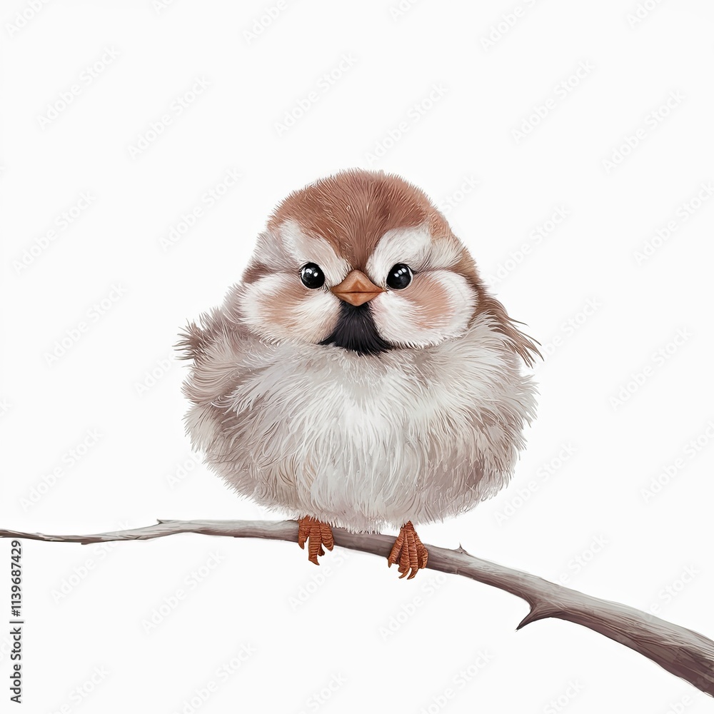 Fototapeta premium Whimsical Illustration of a Fluffy Sparrow on a Small Branch 