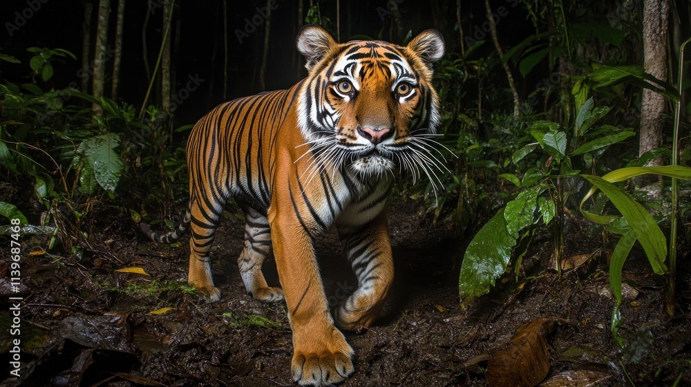 Fototapeta premium Majestic tiger walking in dark rainforest at night.