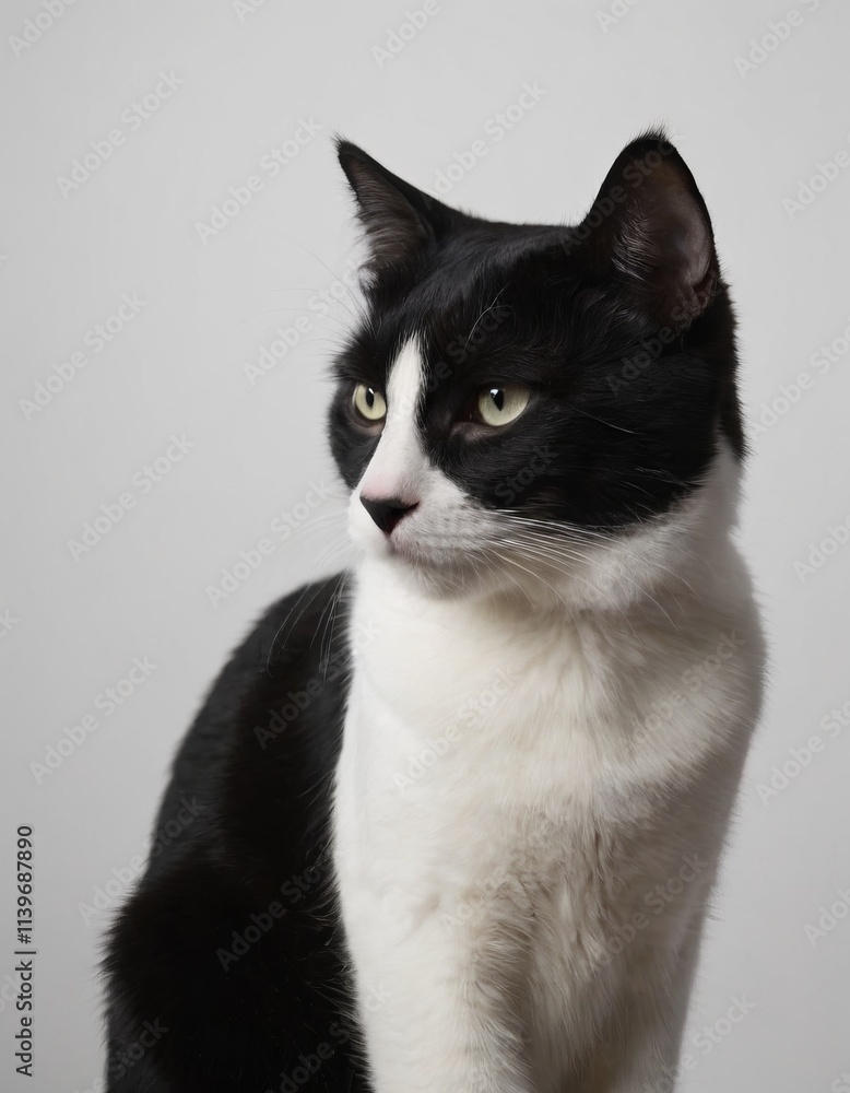 portrait black and white cat, realistic illustration portrait black and white cat, realistic illustration