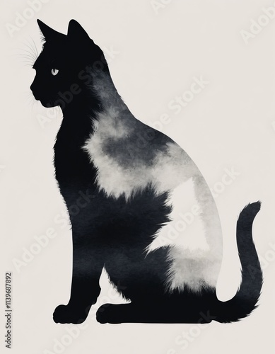 portrait black and white cat, realistic illustration