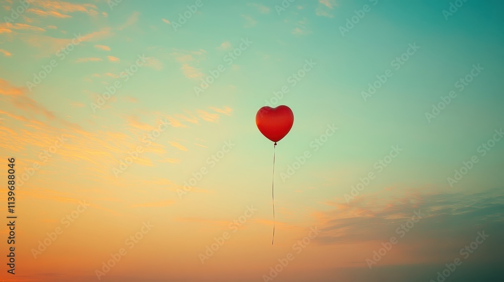 Fototapeta premium A single red heartshaped balloon floating in a pastel sky, with room for captions