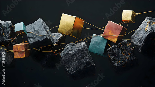 Abstract 3D Render Gold Wire Cubes Dark Rocks