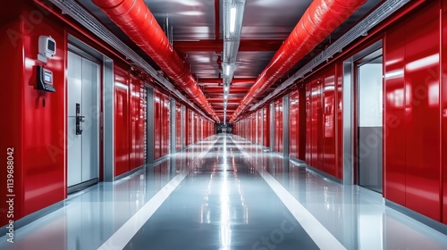 Wallpaper Mural Bright and Modern Storage Facility Interior Featuring Red Walls, Sleek Floors, and Symmetrical Hallway Design for Safe and Convenient Storage Solutions Torontodigital.ca
