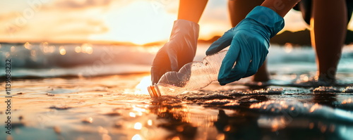 Person in Blue Gloves Picking Up Plastic Waste on a Beach at Sunset with Gentle Waves