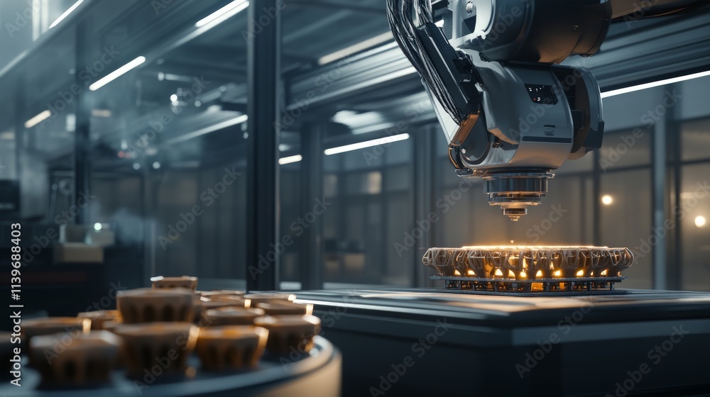 Fototapeta premium Robotic Arm Operating 3D Printer in Modern Industrial Setting