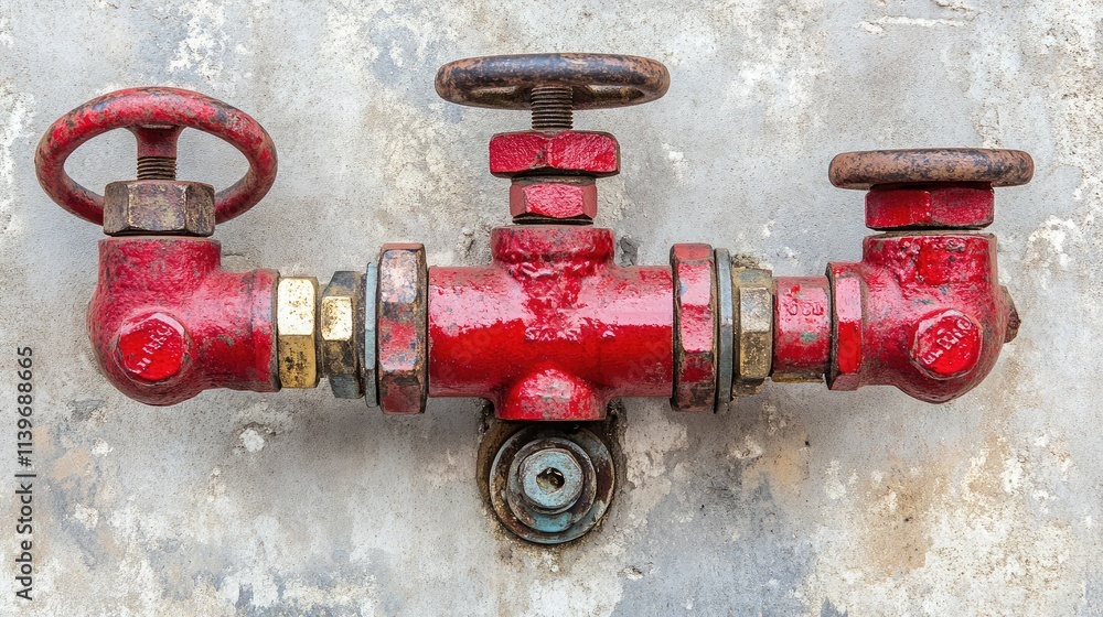 Antique Red Water Valve and Pipe System on Weathered Grey Concrete Wall, Showcasing Industrial Charm and Vintage Features in Urban Environment Antique Red Water Valve and Pipe System on Weathered Grey Concrete Wall, Showcasing Industrial Charm and Vintage Features in Urban Environment
