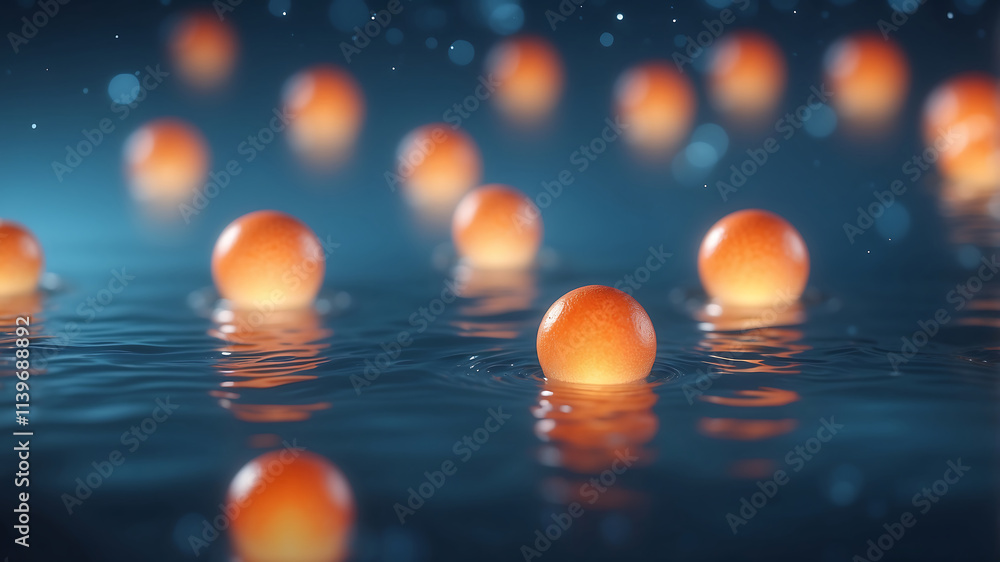 mesmerizing blend of warm oranges and cool blues, this features floating spheres in tranquil water setting, creating serene and captivating atmosphere mesmerizing blend of warm oranges and cool blues, this features floating spheres in tranquil water setting, creating serene and captivating atmosphere