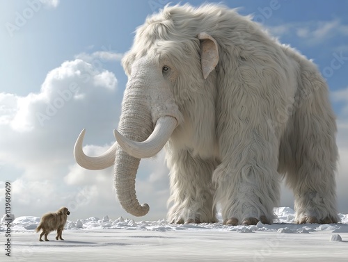 A Woolly Mammoth and a Small Dog Meet on a Snowy Plain: A Digital Painting of Prehistoric Proportion photo