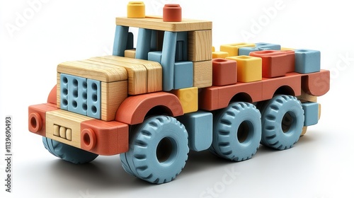 Colorful wooden toy truck with blocks. photo