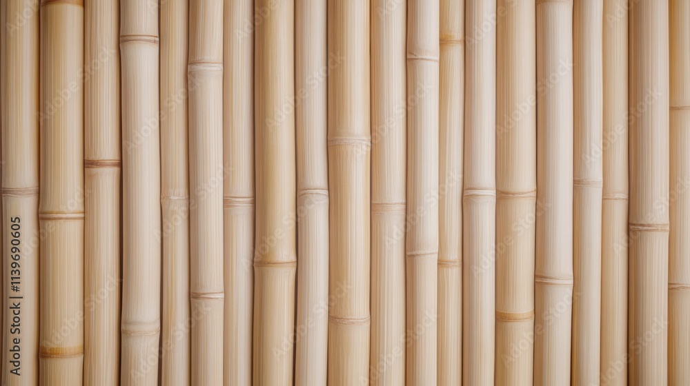 Close-up of vertically arranged bamboo stalks with rich, warm tones. The natural imperfections and unique grain patterns highlight the organic character, ideal for use as a rustic background Close-up of vertically arranged bamboo stalks with rich, warm tones. The natural imperfections and unique grain patterns highlight the organic character, ideal for use as a rustic background