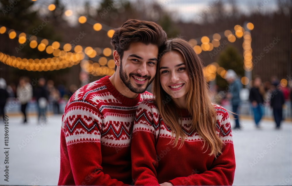 Cheerful couple in matching red sweaters posing at festive outdoor ice rink with glowing lights. Ideal for themes love, togetherness, and seasonal joy. Love, togetherness, and family values concept Cheerful couple in matching red sweaters posing at festive outdoor ice rink with glowing lights. Ideal for themes love, togetherness, and seasonal joy. Love, togetherness, and family values concept