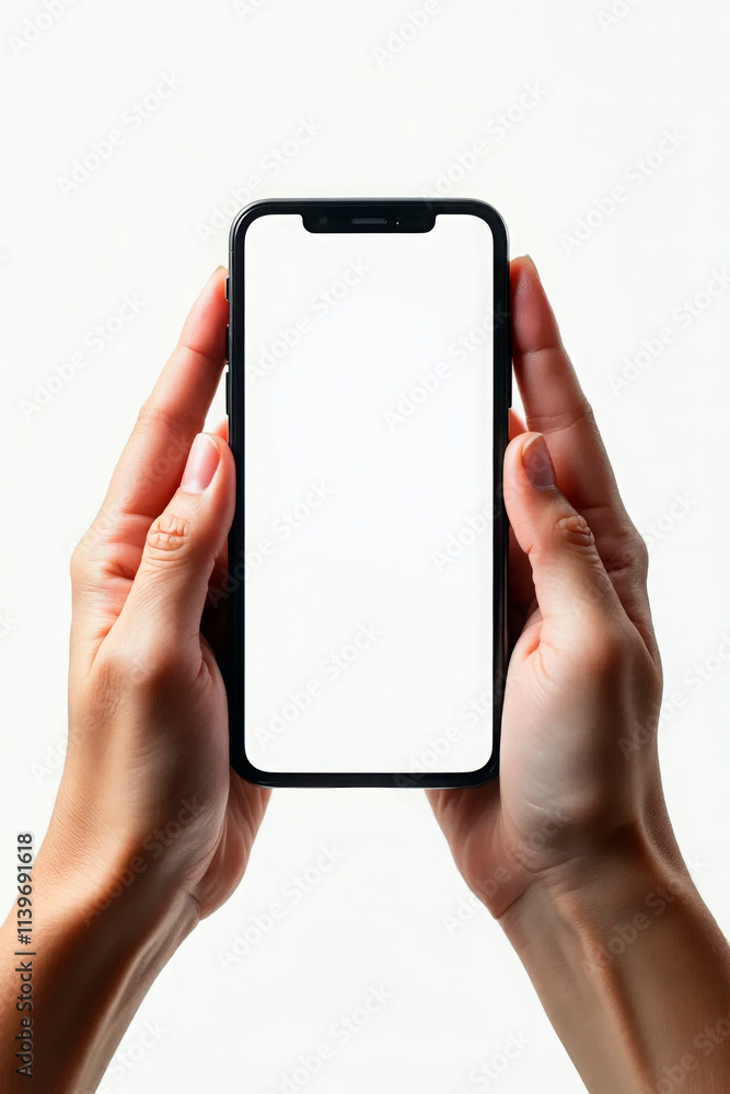 Hands holding a smartphone with a white blank screen, ideal for app design mockups, technology presentations, and online marketing visuals. Perfect for businesses showcasing mobile app interfaces.
