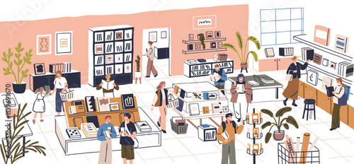 Bookstore interior. Book store, shop with readers, buyers inside. People customers choosing, buying and looking for literature displayed on shelves. Modern bookshop indoor. Flat vector illustration