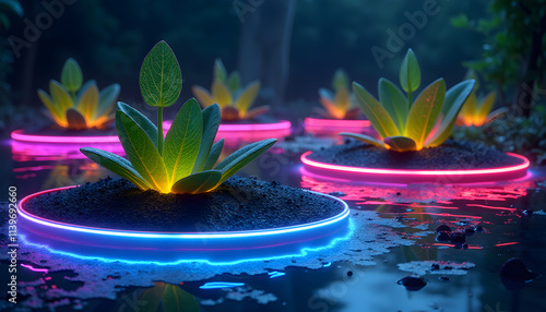 Solar-Powered Floating Gardens with Bioluminescent Accents