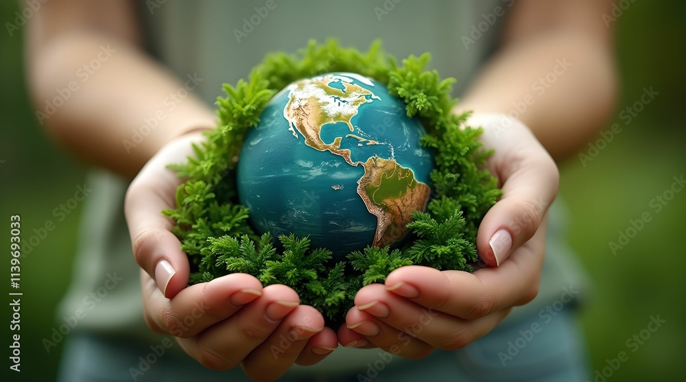 Female hands hold a small globe - the Earth is covered with lush green foliage, symbolizing environmental awareness and sustainable development. Female hands hold a small globe - the Earth is covered with lush green foliage, symbolizing environmental awareness and sustainable development.
