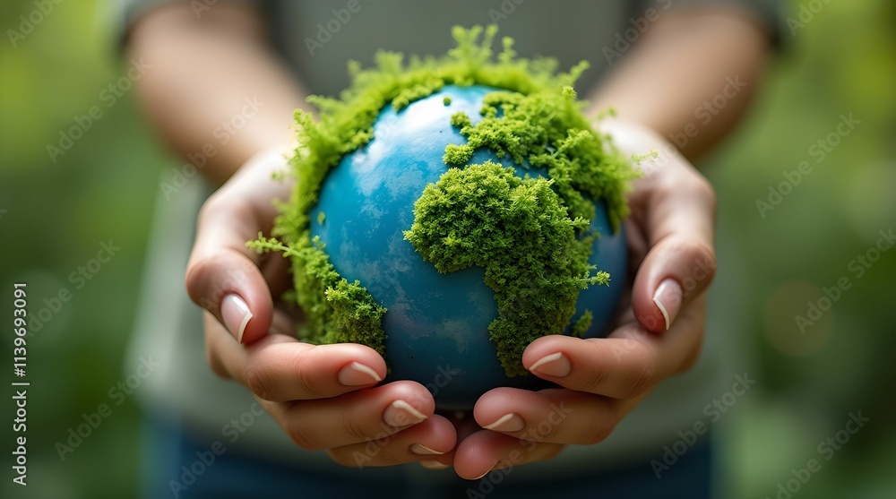 Female hands hold a small globe - the Earth is covered with lush green foliage, symbolizing environmental awareness and sustainable development. Female hands hold a small globe - the Earth is covered with lush green foliage, symbolizing environmental awareness and sustainable development.