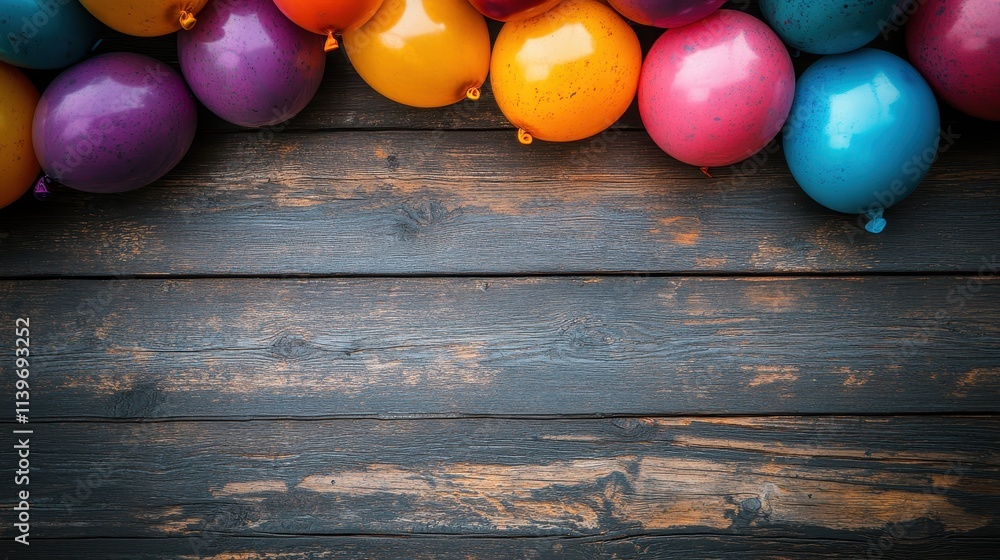 Naklejka premium Party balloons scattered on a wooden floor, leaving the upper half empty for text