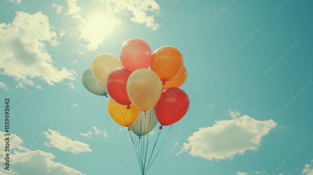 Fototapeta premium A cluster of colorful party balloons rising into the sky, leaving blank areas