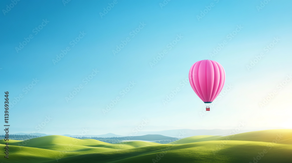 Fototapeta premium A vibrant pink hot air balloon floats over green hills under a clear blue sky.
