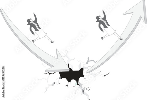 Businesswoman ready to start on rising arrow and falling down on falling arrow, failure and success of business management
