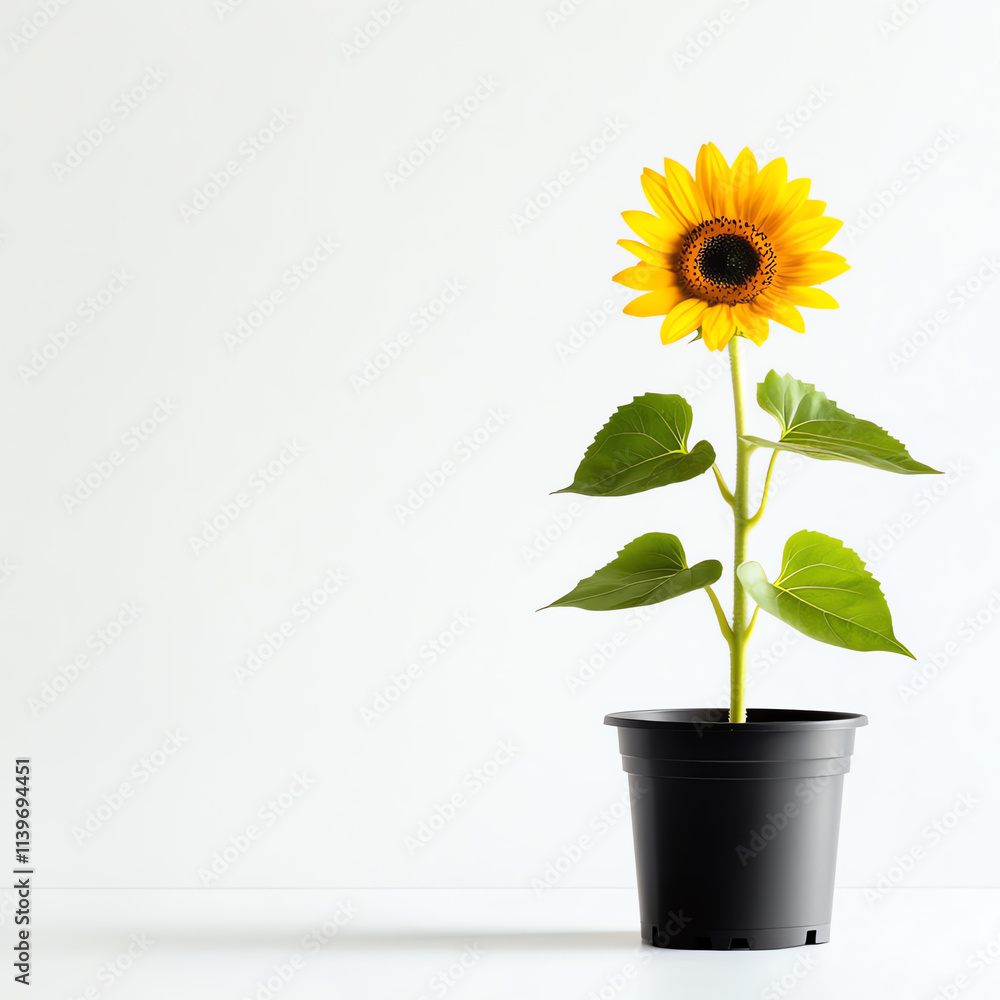 Obraz premium A vibrant sunflower blooming in a black pot against a minimalistic background.