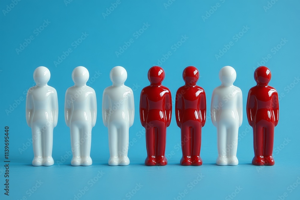 Row of white and red human figures standing together on a blue background, representing employee development or human resources concept. Row of white and red human figures standing together on a blue background, representing employee development or human resources concept.