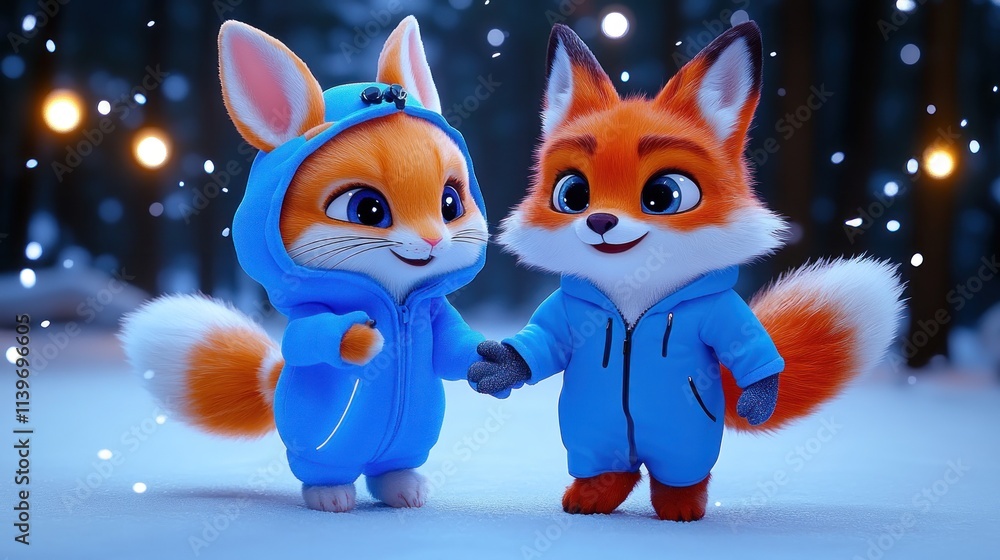 Two cute cartoon foxes in hoodies play together in a snowy forest setting. Two cute cartoon foxes in hoodies play together in a snowy forest setting.