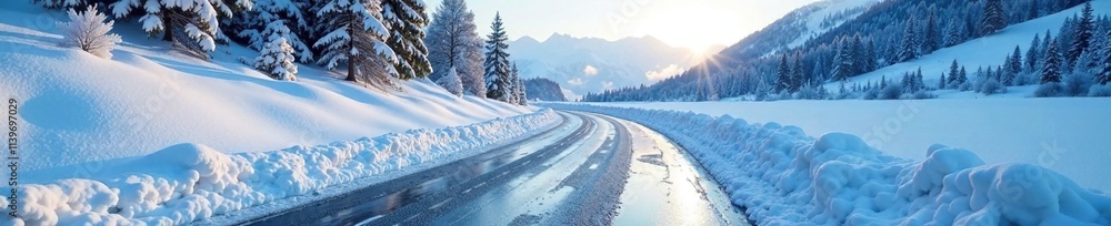 Frozen landscape with melting snow on a winding road, icy, road, frost Frozen landscape with melting snow on a winding road, icy, road, frost