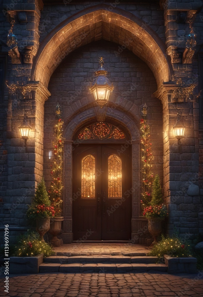 Fototapeta premium Grand entrance of a castle adorned with intricate holiday lighting, historic castles, snowy surroundings
