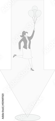 Reversing the situation fleeing crisis changing direction, businesswoman pulling balloon and flying upwards from the bottom of falling arrow, business concept illustration