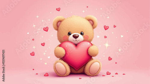 Teddy bear holding heart pillow with sparkles on pastel pink