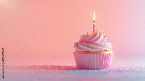 Beautiful birthday cupcake with a burning candle on it with pink pastel background for Valentines Day, Mothers Day, Birthday greeting video footage.