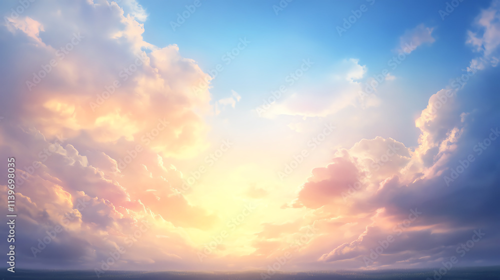 Fototapeta premium Stunning sunset over a tranquil sky filled with soft clouds and warm hues.