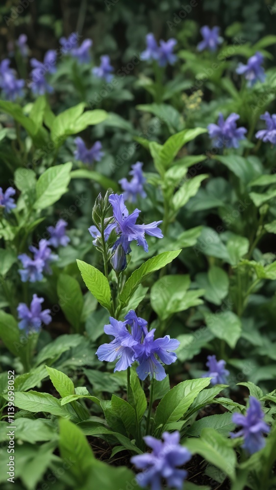 a single blue bell flower blooming in a bed of green leaves, bloom, flora a single blue bell flower blooming in a bed of green leaves, bloom, flora
